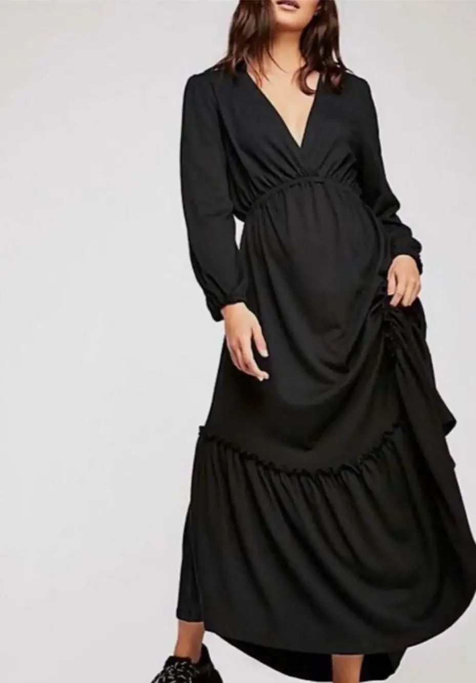 Free People FP Beach Black V-Neck Ruffle Hem Maxi Dress Size XS